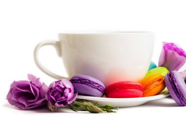 Pasta macaron veya izole beyaz, renkli Badem Çerezler, pastel renkler, Menekşe bahar çiçek kahve ile beyaz tabakta acıbadem kurabiyesi. Metin için yer kopyalayın. 