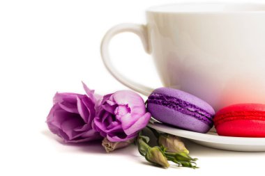 Pasta macaron veya izole beyaz, renkli Badem Çerezler, pastel renkler, Menekşe bahar çiçek kahve ile beyaz tabakta acıbadem kurabiyesi. Metin için yer kopyalayın. 