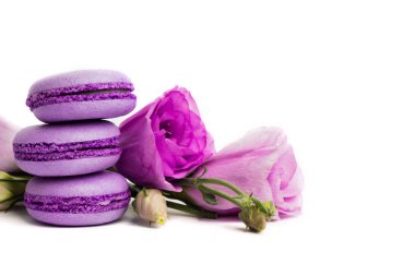 Pasta macaron veya beyaz, violet Badem Çerezler üzerinde pastel renkler, Menekşe bahar çiçekleri izole acıbadem kurabiyesi. Metin için yer kopyalayın.