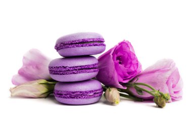 Pasta macaron veya beyaz, violet Badem Çerezler üzerinde pastel renkler, Menekşe bahar çiçekleri izole acıbadem kurabiyesi. Metin için yer kopyalayın.