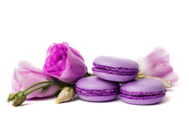 Pasta macaron veya beyaz, violet Badem Çerezler üzerinde pastel renkler, Menekşe bahar çiçekleri izole acıbadem kurabiyesi. Metin için yer kopyalayın.