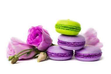 Pasta macaron veya izole beyaz, renkli Badem Çerezler, pastel renkler, Menekşe bahar çiçekleri acıbadem kurabiyesi. Metin için yer kopyalayın.