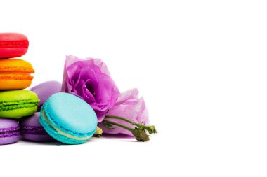 Pasta macaron veya izole beyaz, renkli Badem Çerezler, pastel renkler, Menekşe bahar çiçekleri acıbadem kurabiyesi. Metin için yer kopyalayın.