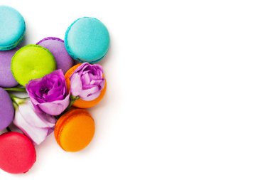 Pasta macaron veya izole beyaz, renkli Badem Çerezler, pastel renkler, Menekşe bahar çiçekleri acıbadem kurabiyesi. Metin için yer kopyalayın. Üstten Görünüm.