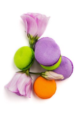 Pasta macaron veya izole beyaz, renkli Badem Çerezler, pastel renkler, Menekşe bahar çiçekleri acıbadem kurabiyesi. Metin için yer kopyalayın. Üstten Görünüm.