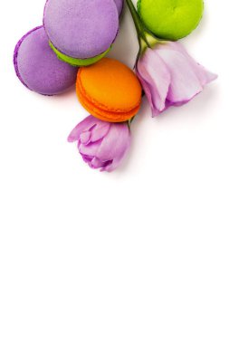 Pasta macaron veya izole beyaz, renkli Badem Çerezler, pastel renkler, Menekşe bahar çiçekleri acıbadem kurabiyesi. Metin için yer kopyalayın. Üstten Görünüm.