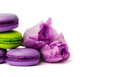 Pasta macaron veya izole beyaz, renkli Badem Çerezler, pastel renkler, Menekşe bahar çiçekleri acıbadem kurabiyesi. Metin için yer kopyalayın.