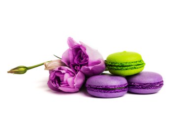Pasta macaron veya izole beyaz, renkli Badem Çerezler, pastel renkler, Menekşe bahar çiçekleri acıbadem kurabiyesi. Metin için yer kopyalayın.