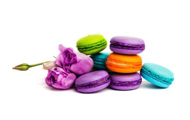 Pasta macaron veya izole beyaz, renkli Badem Çerezler, pastel renkler, Menekşe bahar çiçekleri acıbadem kurabiyesi. Metin için yer kopyalayın.