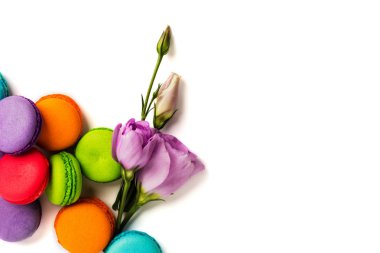 Pasta macaron veya izole beyaz, renkli Badem Çerezler, pastel renkler, Menekşe bahar çiçekleri acıbadem kurabiyesi. Metin için yer kopyalayın. Üstten Görünüm.