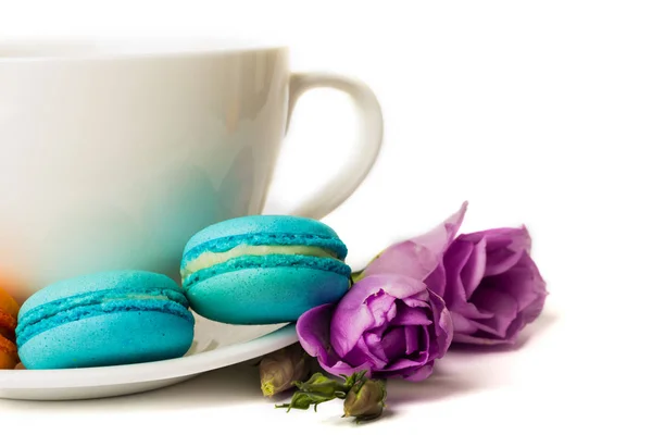 Gâteau Macaron Macaron Sur Plaque Blanche Avec Tasse Café Isolé — Photo