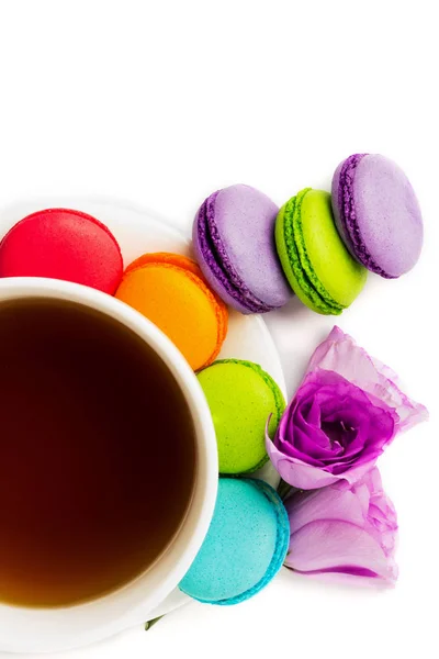 Cake Macaron Macaroon White Plate Cup Coffee Isolated White Colorful — Stock Photo, Image