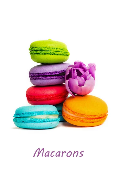 Macaron Taart Macaroon Geïsoleerd Wit Kleurrijke Amandel Koekjes Pastel Kleuren — Stockfoto