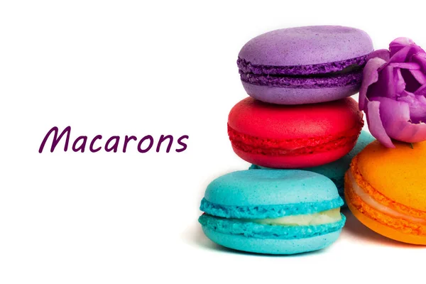 케이크 마카롱 다채로운 아몬드 파스텔 텍스트 Macarons 바이올렛 — 스톡 사진