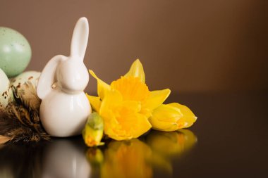 Küçük beyaz tavşan heykelcik Paskalya yumurtaları ve Nergis ile