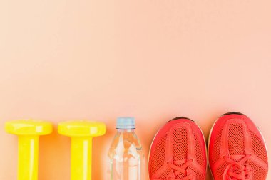 Sarı halter, bir şişe tatlı su ve pembe spor ayakkabılar.