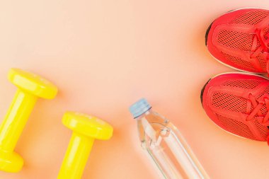 Sarı halter, bir şişe tatlı su ve pembe spor ayakkabılar.