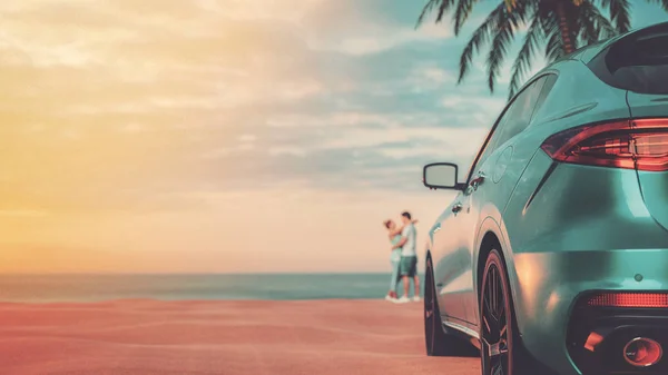 Carro Azul Está Localizado Praia Renderização Ilustração — Fotografia de Stock