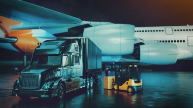 Lojistik İthalat ihracat arka plan için kamyon uçak forklift.
