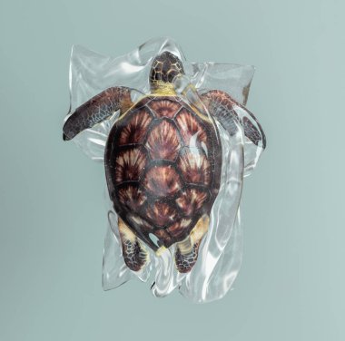 Kaplumbağa plastik bir torbaya sıkışmış..