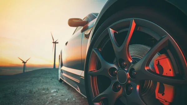 Image Front Sports Car Scene Sun Going Wind Turbines Back — Stock Photo, Image