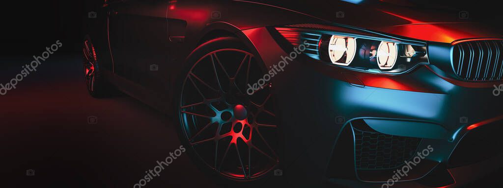Le auto moderne sono nella sala studio. Illustrazione 3d e rendering 3d.