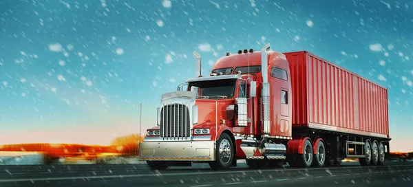 红色卡车和雪地 3D渲染和说明 — 图库照片