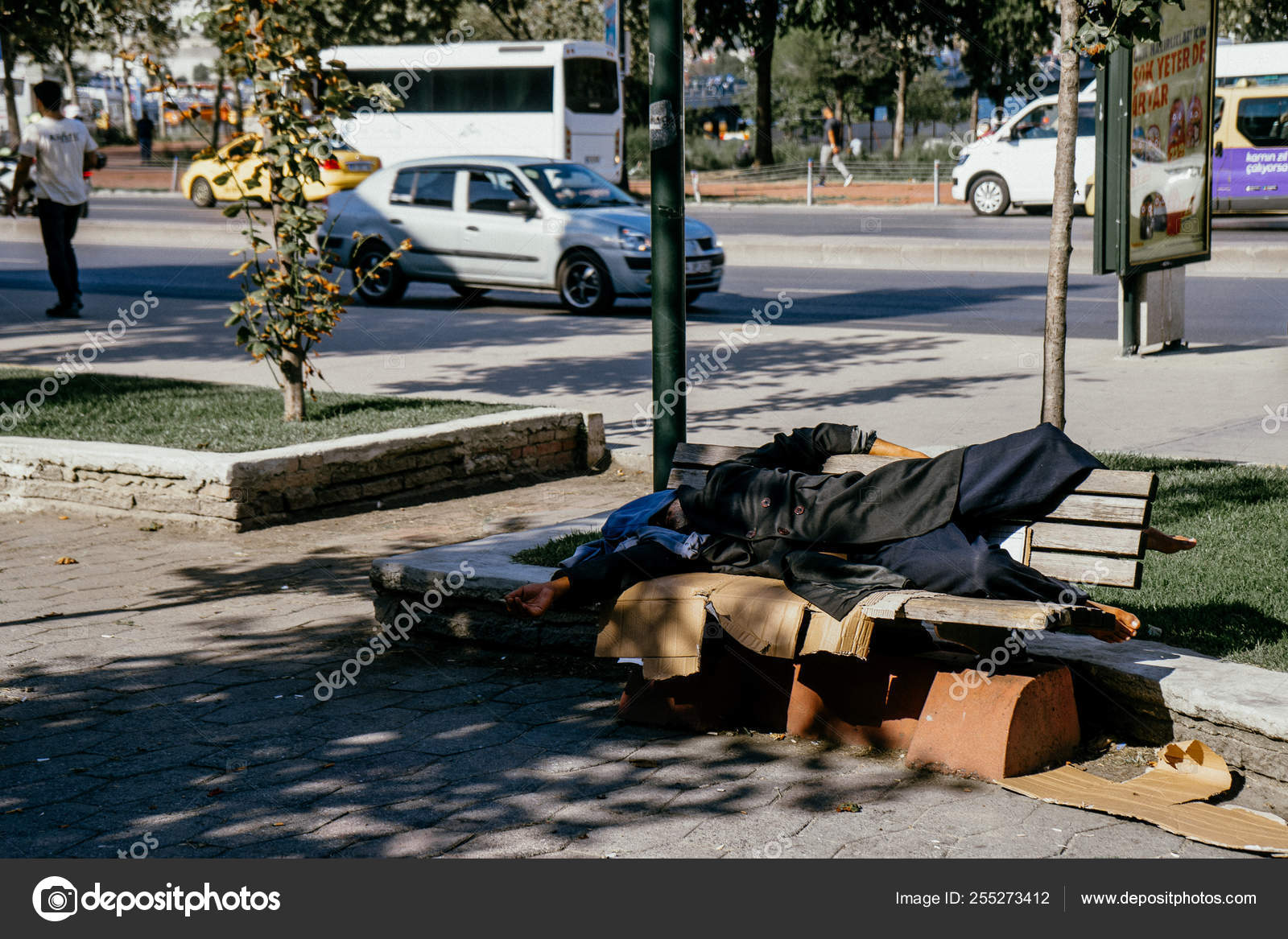 Istanbul Turkey September 2018 Sleeping Tramp Shoes Wooden Bench