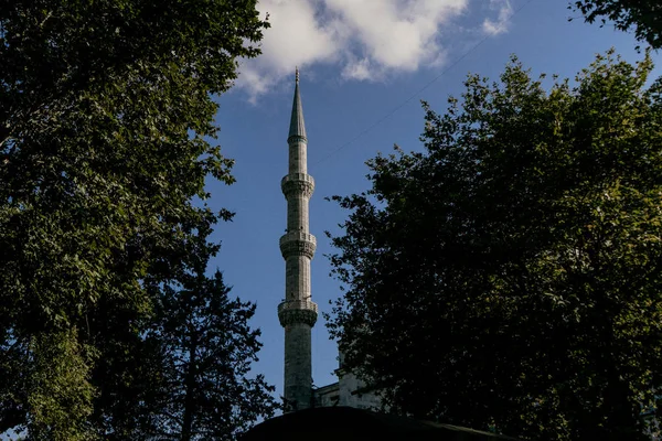 Istanbul, Türkiye-Eylül 2018: Mavi Cami 'nin Spire ağaçları arasında görülebilir