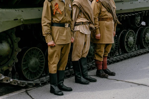 Verkhnyaya Pyshma, Rusya - 9 Mayıs 2019: Faşist 1941-1945 faşist, bot ve puttees ile büyük Vatanseverlik savaşı sırasında bir Sovyet askerinin giysileri