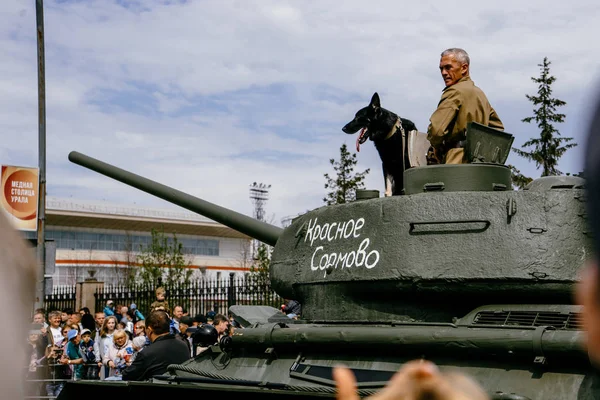Verkhnyaya Pyshma 러시아 May 2019 탱크맨과 셰퍼드 T34 탱크의 — 스톡 사진