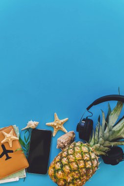yaz tatil ve seyahat lay düz. şık siyah telefon, pasaport, güneş gözlüğü, harita, ananas kulaklıklarla, kabukları trendy mavi kağıt üzerinde. metin için yer. Yolculuk tutkusu. dikey fotoğraf