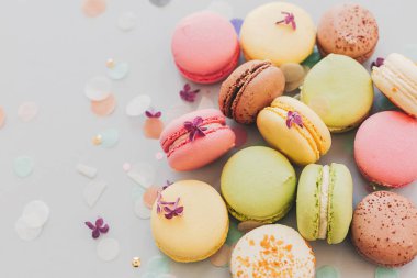 Eflatun çiçekler ve konfeti ile trendy pastel gri kağıt üzerinde lezzetli renkli macaroons, düz yatıyordu. pembe, sarı, yeşil ve kahverengi lezzetli Bademli kurabiye. metin için yer. 
