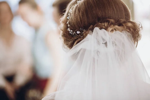 Capelli Sposa Con Velo Stile Vicino Bella Donna Prepara Matrimonio — Foto Stock