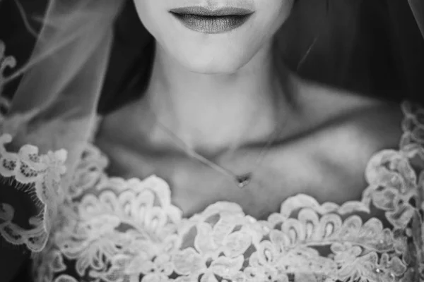 华丽性感的嘴唇 新娘嘴闭上 大气感性的时刻 时尚的新娘准备和摆在早晨 婚姻观念 黑白相间 — 图库照片