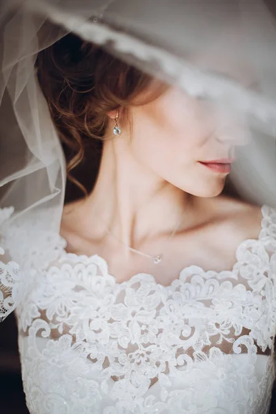 Happy Stylish Bride Looking Veil Space Text Gorgeous Bride Getting — Stock Photo, Image