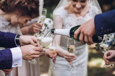 Yeni evliler, Gelin ve damat nedime ve şampanya açık havada içki sağdıç ile birlikte birkaç portre, düğün kutlama arkadaş grubu eller 