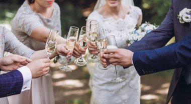 mutlu grup şampanya ile toasting insan. bardak şampanya tutarak ve prangalara eller. nedime gelin ve damat sağdıç eğleniyor. tatil kutlaması. Noel Bayramı