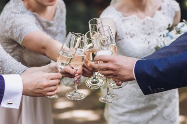 Yeni evliler, Gelin ve damat nedime ve şampanya açık havada içki sağdıç ile birlikte birkaç portre, düğün kutlama arkadaş grubu eller 
