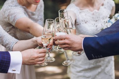 mutlu grup şampanya ile toasting insan. bardak şampanya tutarak ve prangalara eller. nedime gelin ve damat sağdıç eğleniyor. tatil kutlaması. Noel Bayramı