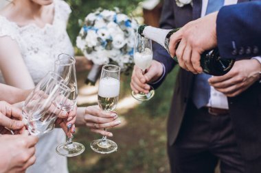 Yeni evliler, Gelin ve damat nedime ve şampanya açık havada içki sağdıç ile birlikte birkaç portre, düğün kutlama arkadaş grubu eller 