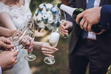 mutlu grup şampanya ile toasting insan. şişe şampanya tutarak ve içecek gözlük içine dökülen adam. nedime ve sağdıçlar eğleniyor. tatil kutlaması