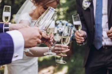 mutlu grup şampanya ile toasting insan. Şampanya holding eller. nedime gelin ve damat sağdıç eğleniyor. tatil kutlaması. Noel Bayramı