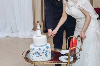 düğün çift, birlikte kesme mavi çiçekler ve figürler ile lezzetli pastanın üstüne gelin ve damat sonsuza dek kavramı düğün resepsiyonunda restoranda bağlı. Lüks catering