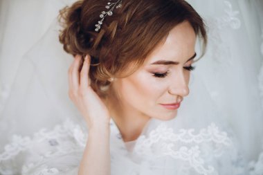 güzel mutlu gelin şehvetli portre, lüks düğün elbisesini, ipek elbise ayakta. mutlu anlar. Evlilik kavramı. Gelin sabah hazırlanıyor. metin için yer