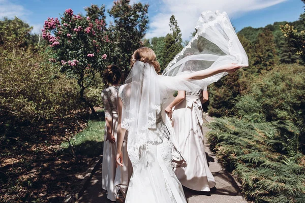 güneşli parkta eğleniyor, dans ve gün zevk nedime ile mutlu muhteşem gelin. bahçede düğün töreni