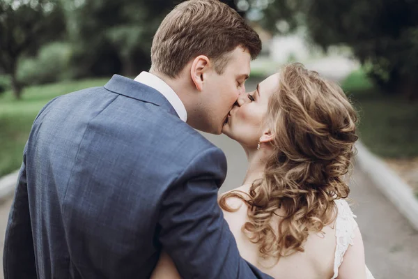 Gyönyörű Gyönyörű Menyasszony Vőlegény Napos Park Séta Megcsókolta Boldog Esküvői — Stock Fotó
