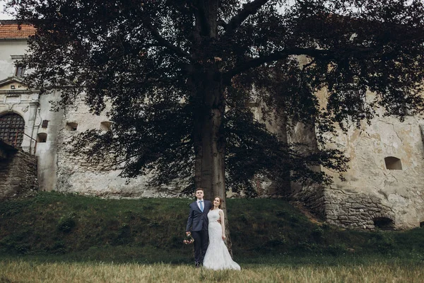 Wunderschöne Braut Und Bräutigam Posiert Freien Glückliches Hochzeitspaar Umarmt Und — Stockfoto