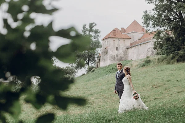 保持している新婚夫婦の豪華なカップル手自然 新郎と結婚式の瞬間概念古い城付近の散歩に花嫁に囲まれたアウトドア — ストック写真