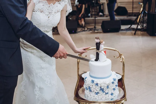 Casal Recém Casado Bolo Corte Recepção Casamento Noiva Noivo Cortando — Fotografia de Stock